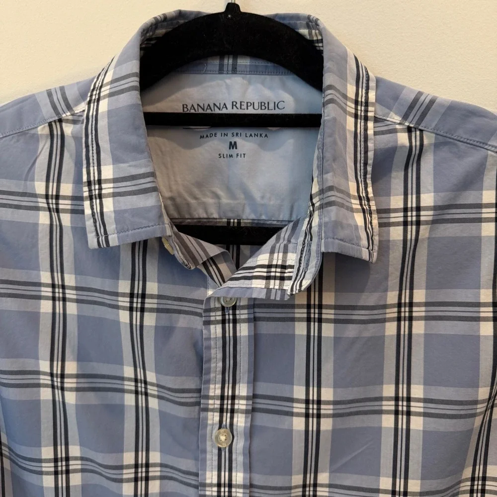 Banana Republic Mens Slim Fit Plaid Button Down Shirt Blue White Cotton Medium